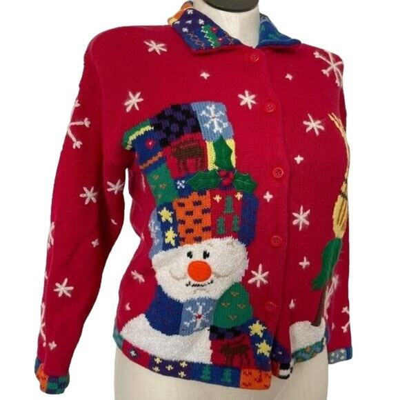 Design Options Phillip Jane Gordon Cardigan Holiday Snowman Patchwork Medium VTG - Picture 3 of 16